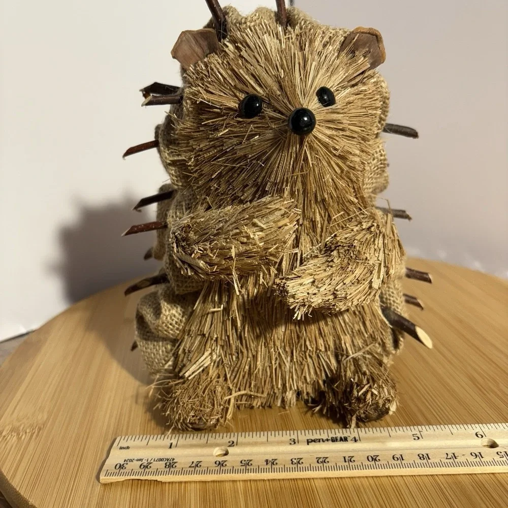 Hand Crafted Hedgehog Natural Twig Straw Burlap Figurine Brown Porcupine Animal
